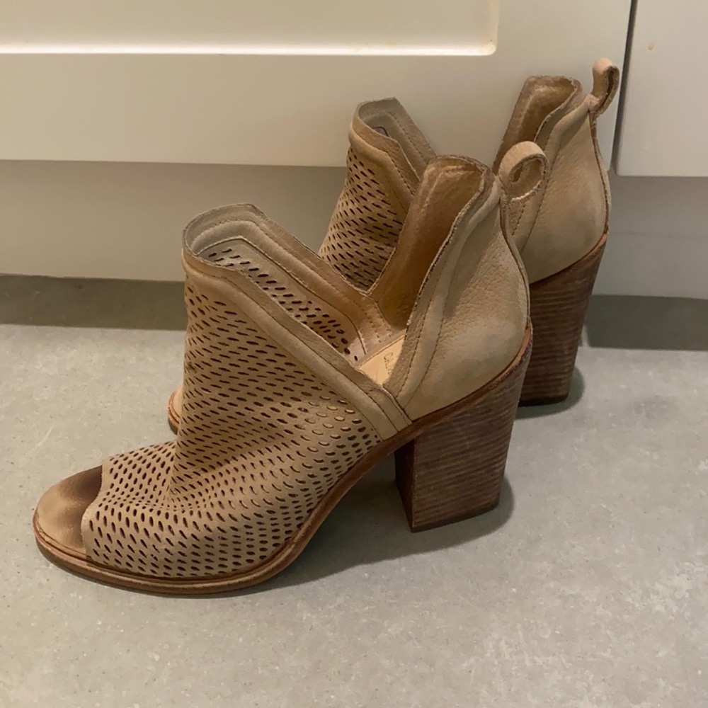 Vince Camino tan stacked heel perforated suede